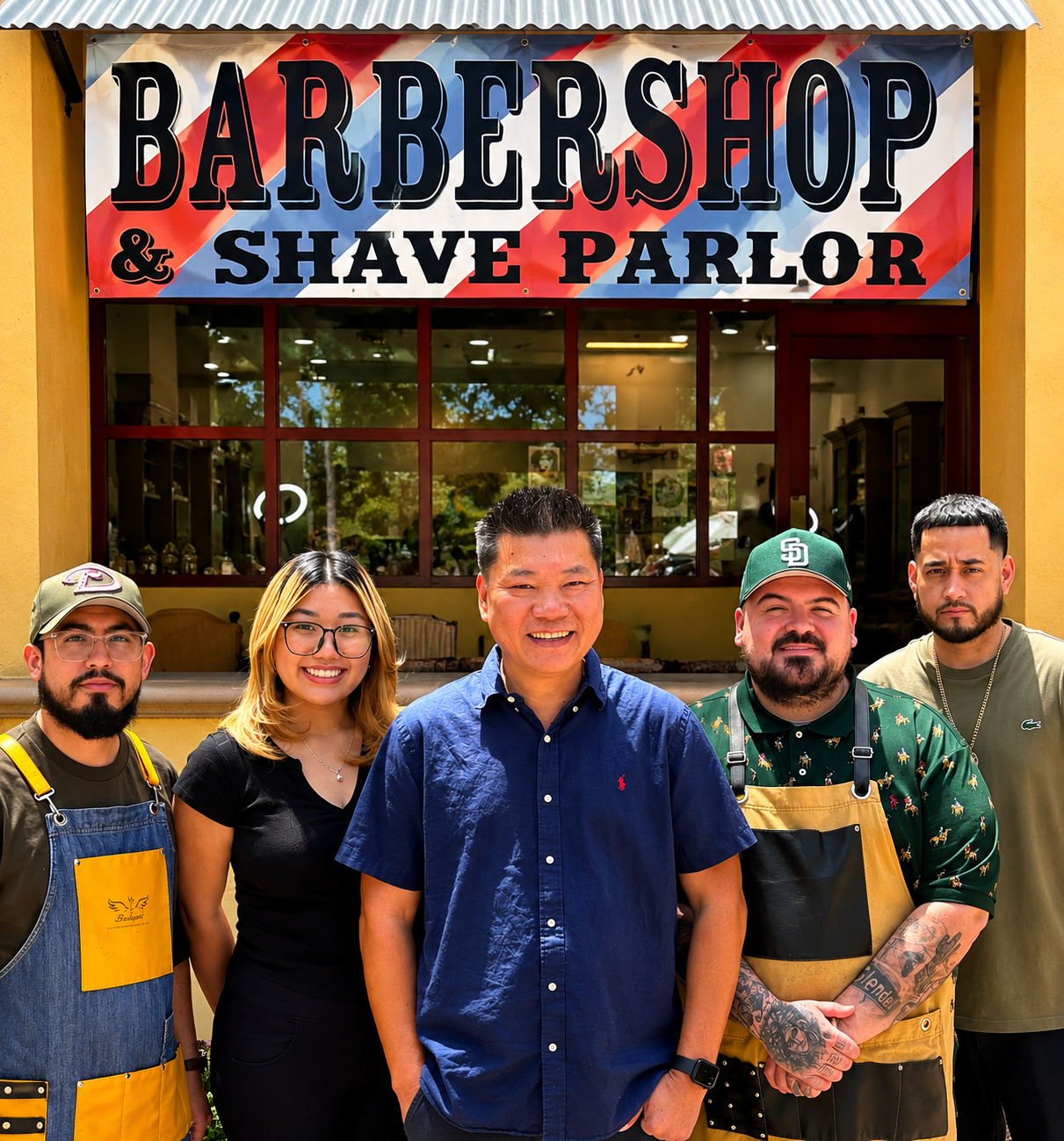 The team at Barbershop on Main standing outside the shop